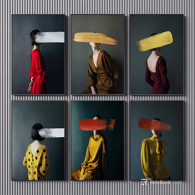 Six Portrait Paintings With Faces Obscured By Colorful Brushstrokes Various Colored Outfits And Dark Backgrounds 3d model 