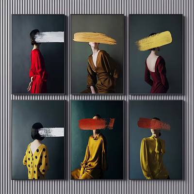 Six Portrait Paintings With Faces Obscured By Colorful Brushstrokes Various Colored Outfits And Dark Backgrounds 3d model