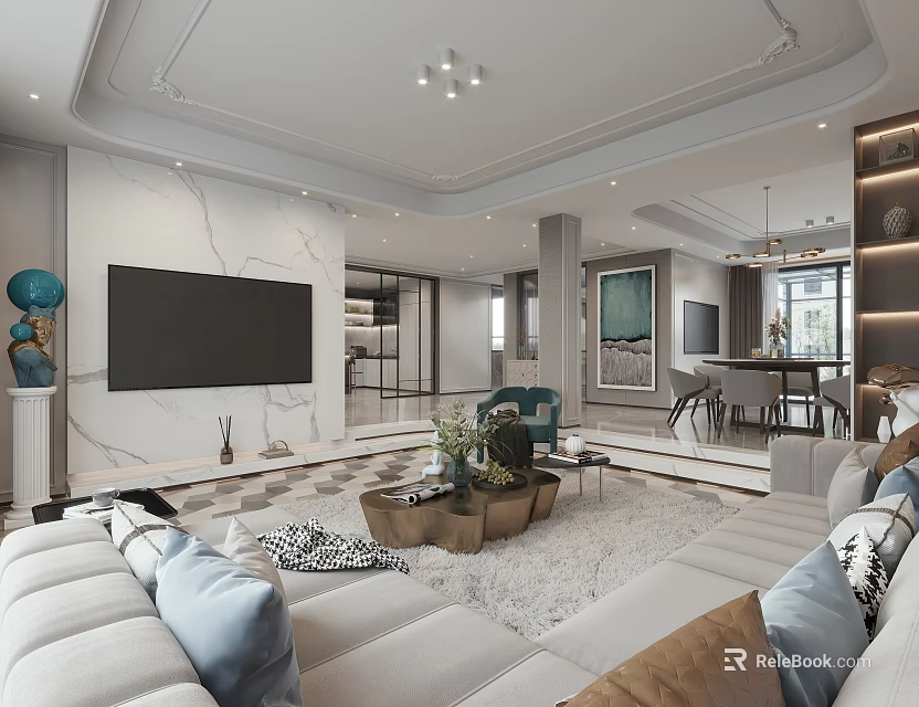 Modern Living and Dining Room Interior With Large TV Sofa Coffee Table And Dining Chairs 3d model 
