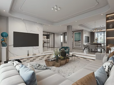 Modern Living and Dining Room Interior With Large TV Sofa Coffee Table And Dining Chairs 3d model