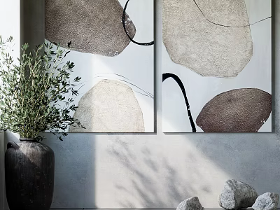 Abstract Paintings On Gray Wall With Beige Brown Black Lines Dark Vase Green Plant Stones 3d model