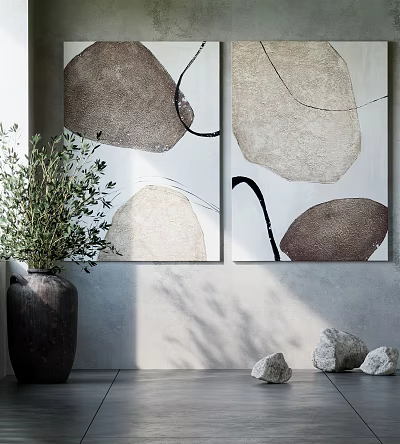 Abstract Paintings On Gray Wall With Beige Brown Black Lines Dark Vase Green Plant Stones 3d model