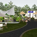 Garden Landscape With Thatched Umbrellas Outdoor Dining Tables Chairs Green Lawn And Wooden Decorations