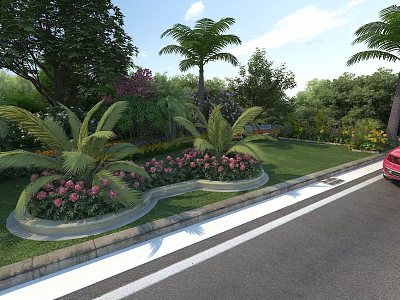 Roadside Facilities Featuring Flower Beds Palm Trees and Green Lawn Landscaping 3d model