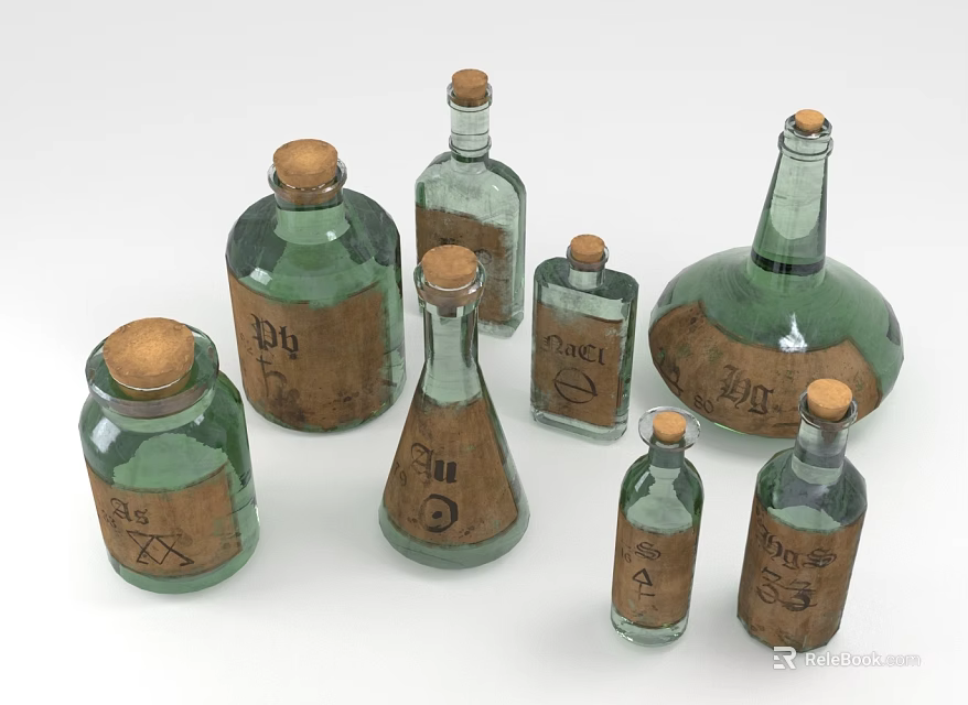 Vintage Glass Bottles With Cork Stoppers And Handwritten Antique Paper Labels 3d model 