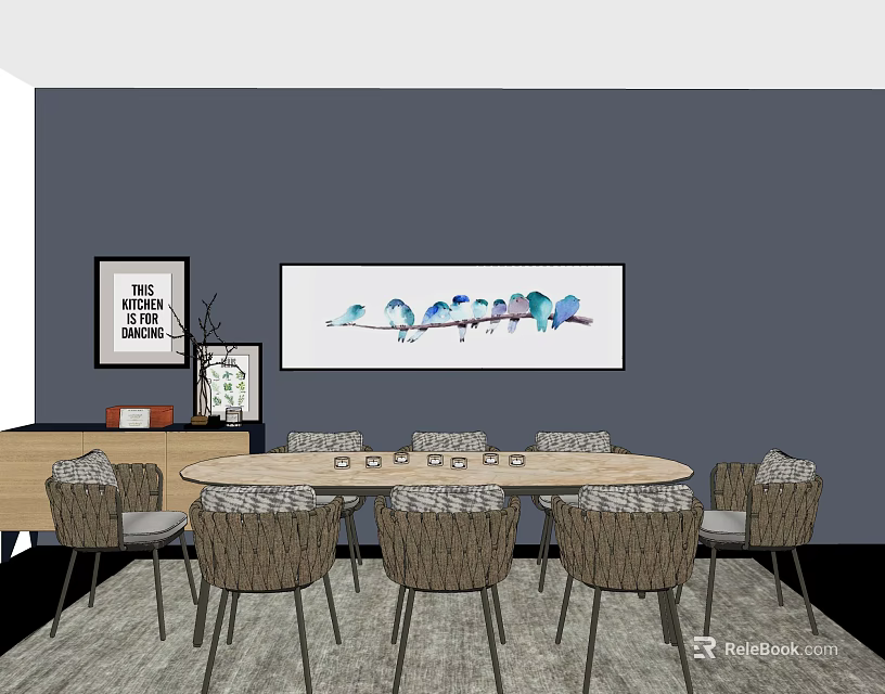 Round Dining Table Set With Eight Woven Chairs Navy Blue Wall Art And Rug 3d model 