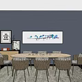Round Dining Table Set With Eight Woven Chairs Navy Blue Wall Art And Rug