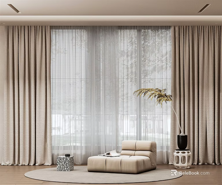 Modern Beige Curtains With Sheer Panels In Bright Living Room With Sofa And Plant 3d model 