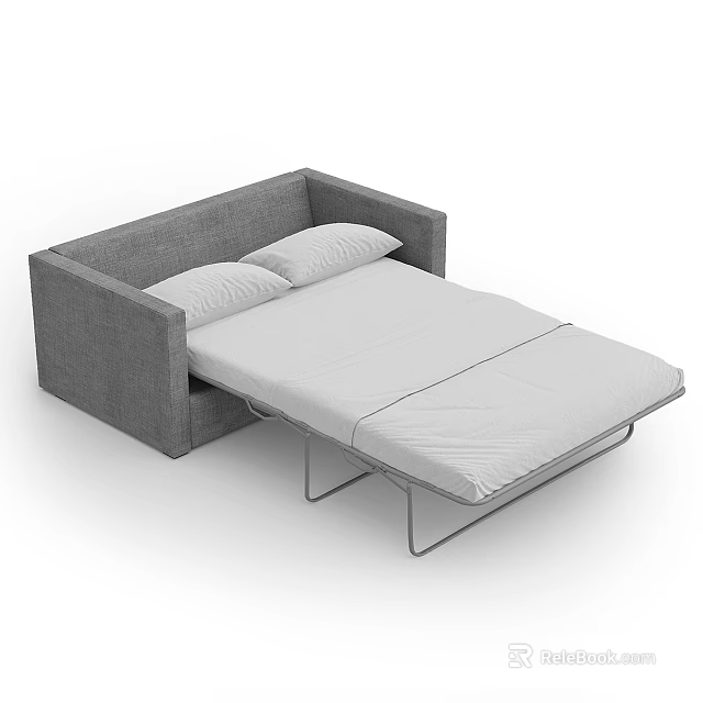 Grey Fabric Sofa Bed Convertible to Bed With White Pillows and Metal Frame 3d model 