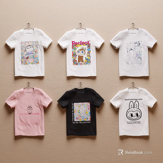 Stylish T-shirts with Various Designs and Colors Hanging on Wall 3d model 