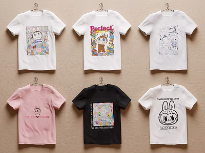 Stylish T-shirts with Various Designs and Colors Hanging on Wall 3d model