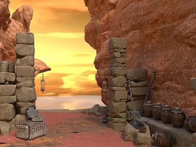 Stone Arch Entrance In Rocky Cave With Lanterns Clay Pots Red Carpet And Sunset 3d model
