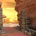 Stone Arch Entrance In Rocky Cave With Lanterns Clay Pots Red Carpet And Sunset