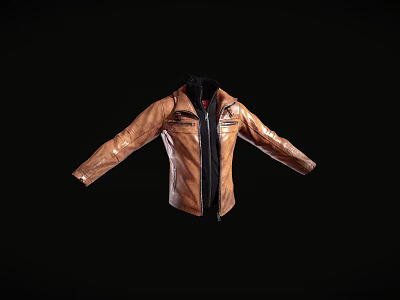 Brown Leather Jacket With Black Lining And Front Zipper Fashionable Outerwear For Men Women 3d model