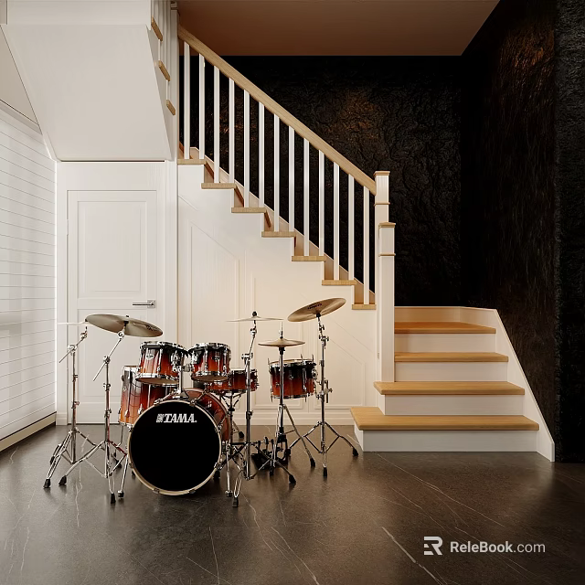 Modern Wooden Staircase With White Handrail In Interior Space With Drum Set Nearby 3d model 
