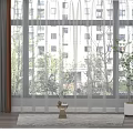 Gray Sheer and Solid Curtains for Living Room Window with Urban View and Indoor Plant
