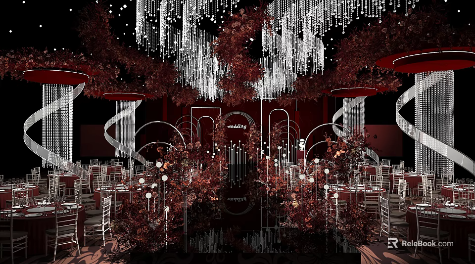 Luxurious Banquet Hall Interior With Crystal Chandeliers Red Floral Decor And Tables Chairs Setup 3d model 