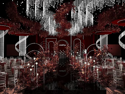 Luxurious Banquet Hall Interior With Crystal Chandeliers Red Floral Decor And Tables Chairs Setup 3d model