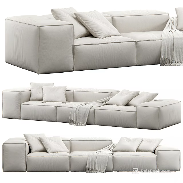 Modern Beige Upholstered Sectional Sofa With Modular Design Soft Cushions And Throw Blanket 3d model 