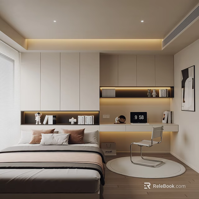 Modern Tatami Bedroom Interior With Storage Cabinets Bookshelves And Built In Desk 3d model 