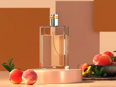 Elegant Perfume Bottle Display With Fresh Peaches 3d model