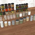 Various Spice Jars With Different Lids Containing Spices On Wooden Floor And Textured Wall