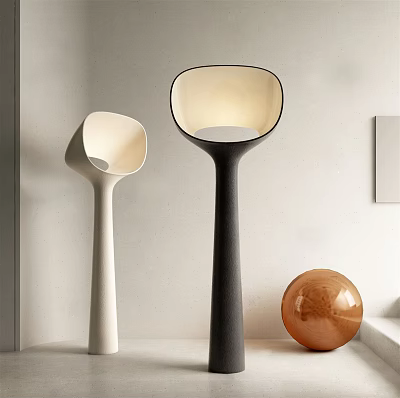 Modern Floor Lamps White Black Sleek Bases Bowl Shaped Shades With Orange Decorative Sphere 3d model