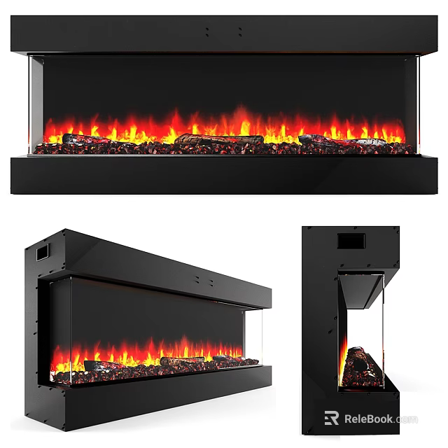 Modern Black Electric Fireplace With Realistic Flame Effect And Glass Panel 3d model 