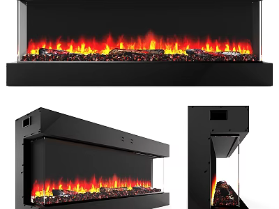 Modern Black Electric Fireplace With Realistic Flame Effect And Glass Panel 3d model