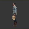 Man In Blue Shirt Jeans And Brown Boots Holding Hat Standing Pose