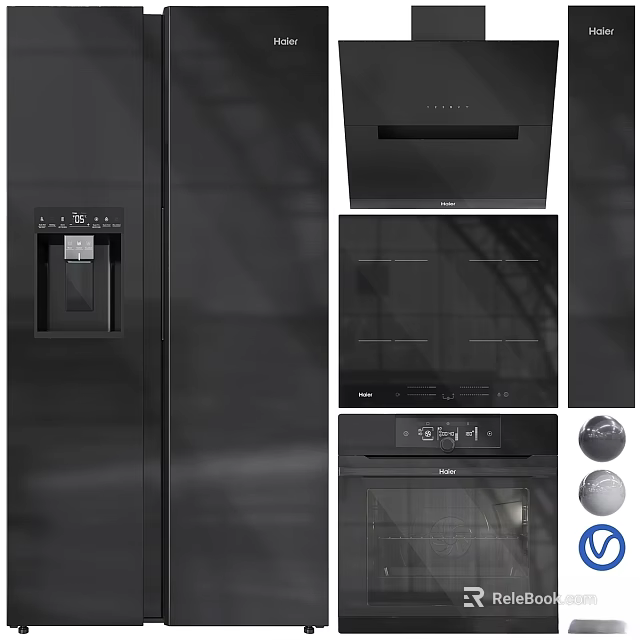 Black Modern Kitchen Appliances with Sleek Design Including Refrigerator Range Hood And Oven 3d model 