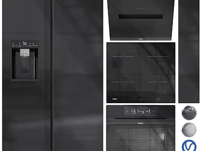 Black Modern Kitchen Appliances with Sleek Design Including Refrigerator Range Hood And Oven 3d model