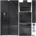 Black Modern Kitchen Appliances with Sleek Design Including Refrigerator Range Hood And Oven