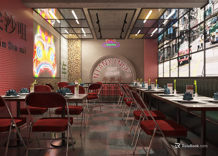 Vintage Restaurant Interior Design With Neon Signs Red Chairs And Brick Walls Decor 3d model 