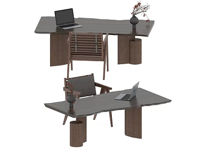 Modern Wooden Office Desk Workspace With Laptop Chair And Decorative Plant 3d model