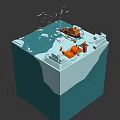 Cartoon Animated Arctic Scene With Orange Tugboat Icebergs Seagulls Buildings And Icy Ocean