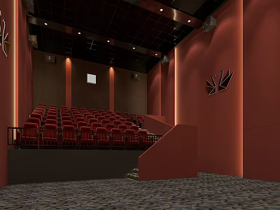 Modern Cinema Interior With Red Seats Red Walls Steps And Warm Lighting 3d model