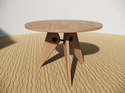 Wooden Round Tea Table And Chairs With Unique Legs On Wavy Carpet And White Wall 3d model