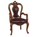 Classic Carved Wooden Dining Chair With Deep Purple Leather Seat Rivet Decor And Armrest Design