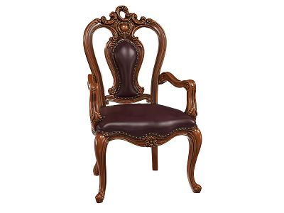 Classic Carved Wooden Dining Chair With Deep Purple Leather Seat Rivet Decor And Armrest Design 3d model