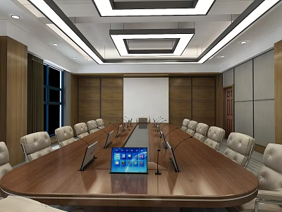 Modern Conference Room With Wooden Table Laptop Microphones And Beige Leather Chairs 3d model