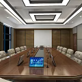 Modern Conference Room With Wooden Table Laptop Microphones And Beige Leather Chairs