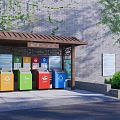 Public Waste Sorting Station with Covered Shelter Colorful Trash Bins and Information Boards