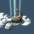 Cartoon Scene of Floating Island with Green Grass Circular Pit and Glowing Pillars