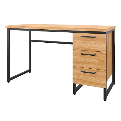 Modern Simple Desk With Wooden Top Black Metal Frame And Three Drawers 3d model