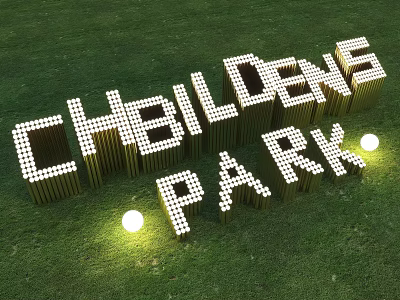 Outdoor Children's Park Text Sculpture With Striped Blocks On Green Grass And Glowing Lights 3d model
