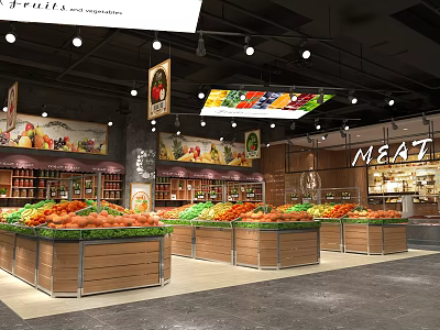Bright Grocery Supermarket Featuring Fresh Fruits Vegetables Meat Section And Organized Shelves 3d model