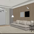 Beige Two Seater Sofa With White And Black Paintings On Wooden Wall And Floor Lamp