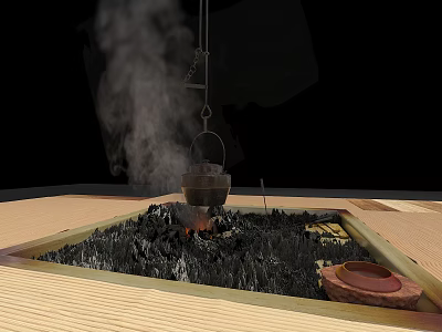 Traditional Fire Pit With Burning Charcoal Hanging Pot Rising Smoke Wooden Base And Clay Plate 3d model