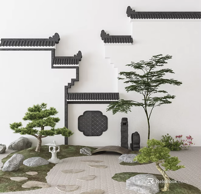 Traditional Chinese Garden Ornament With White Walls Eaves Pine Trees Stone Lantern And Rocks 3d model 